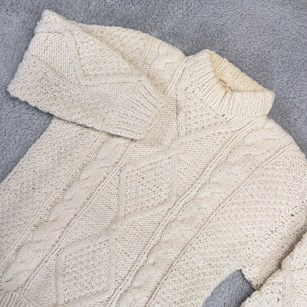 Cable Knit Sweater Fisherman Cream Chunky Aran Mock Neck Heavyweight Womens M